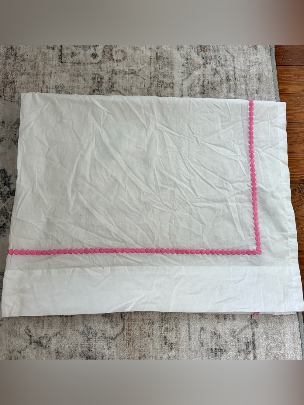 PBteen White Curtain Panel Pink Embroidered Dot Trim 52x84 Girls Room Decor